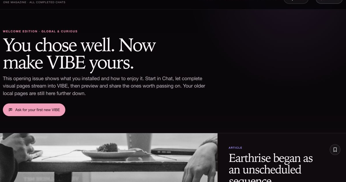 The real DSH Vibeify welcome edition, with visual articles already on screen